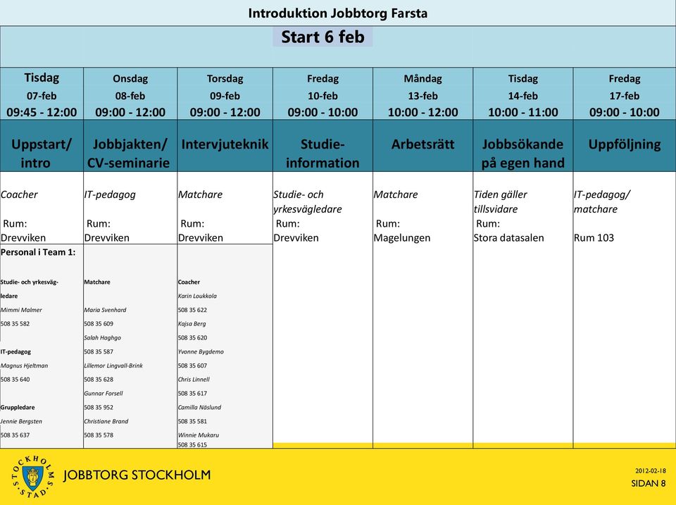 Tiden gäller IT-pedagog/ yrkesvägledare tillsvidare matchare Rum: Rum: Rum: Rum: Rum: Rum: Drevviken Drevviken Drevviken Drevviken Magelungen Stora datasalen Rum 103 Personal i Team 1: Studie- och