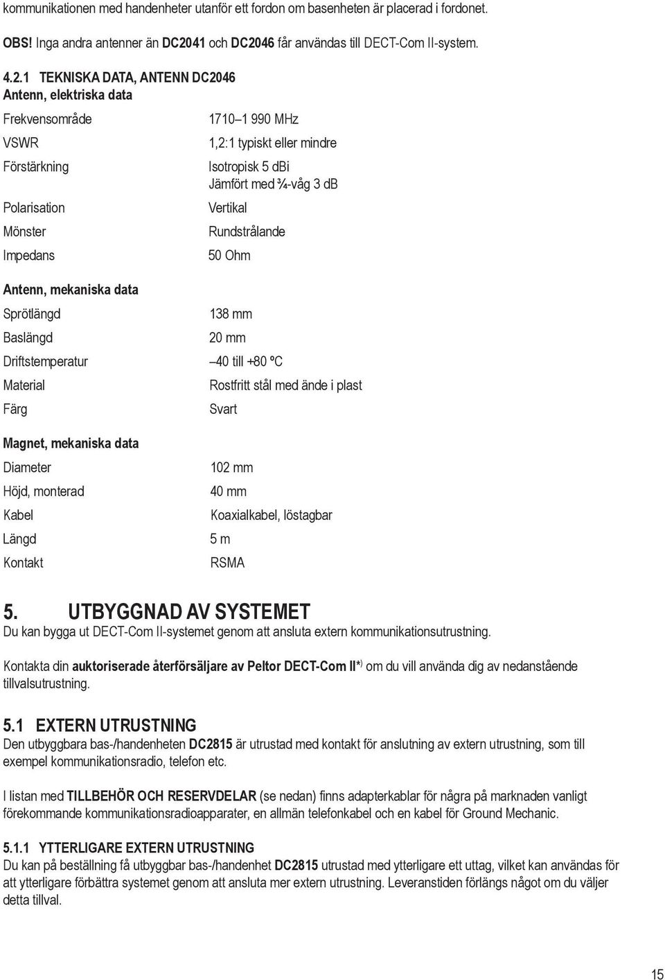 46 får användas till DECT-Com II-system. 4.2.