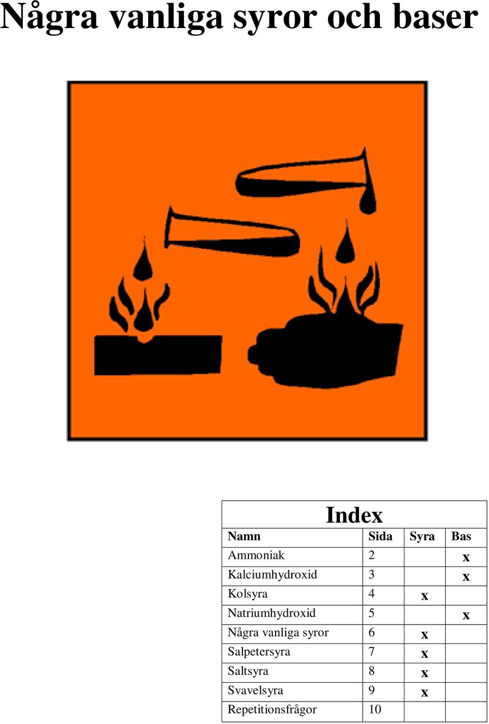 Natriumhydroxid 5 x Några vanliga syror 6 x