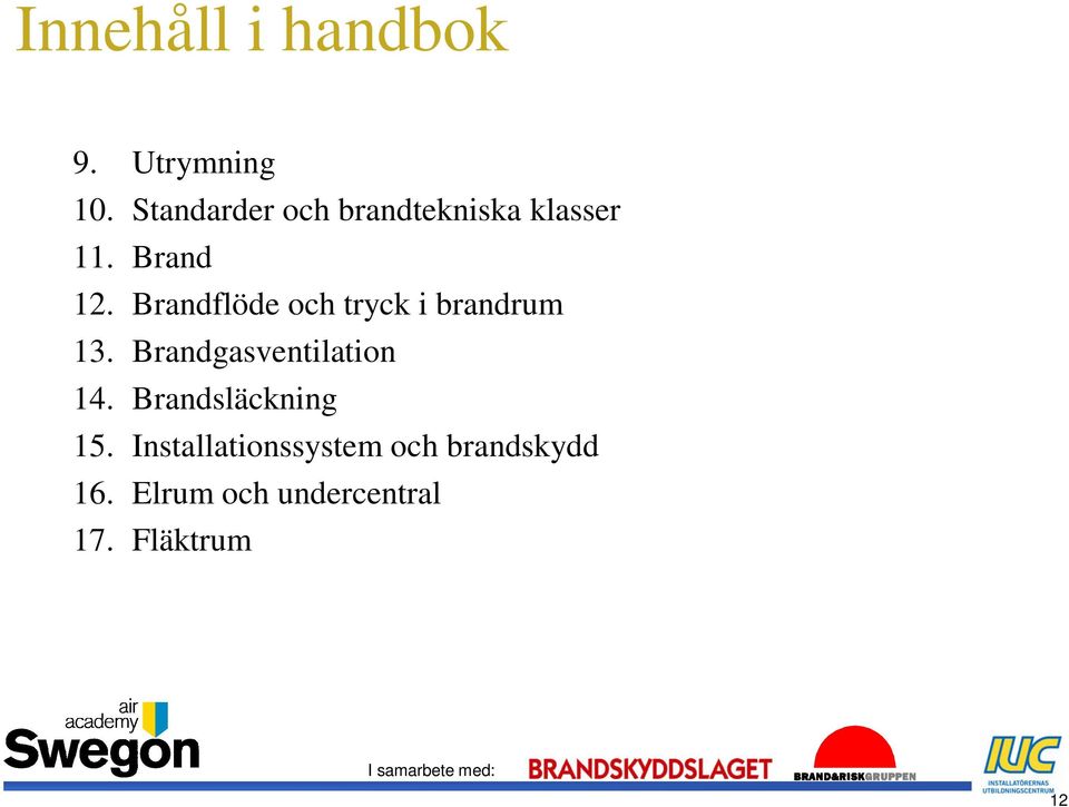 Brandflöde och tryck i brandrum 13. Brandgasventilation 14.