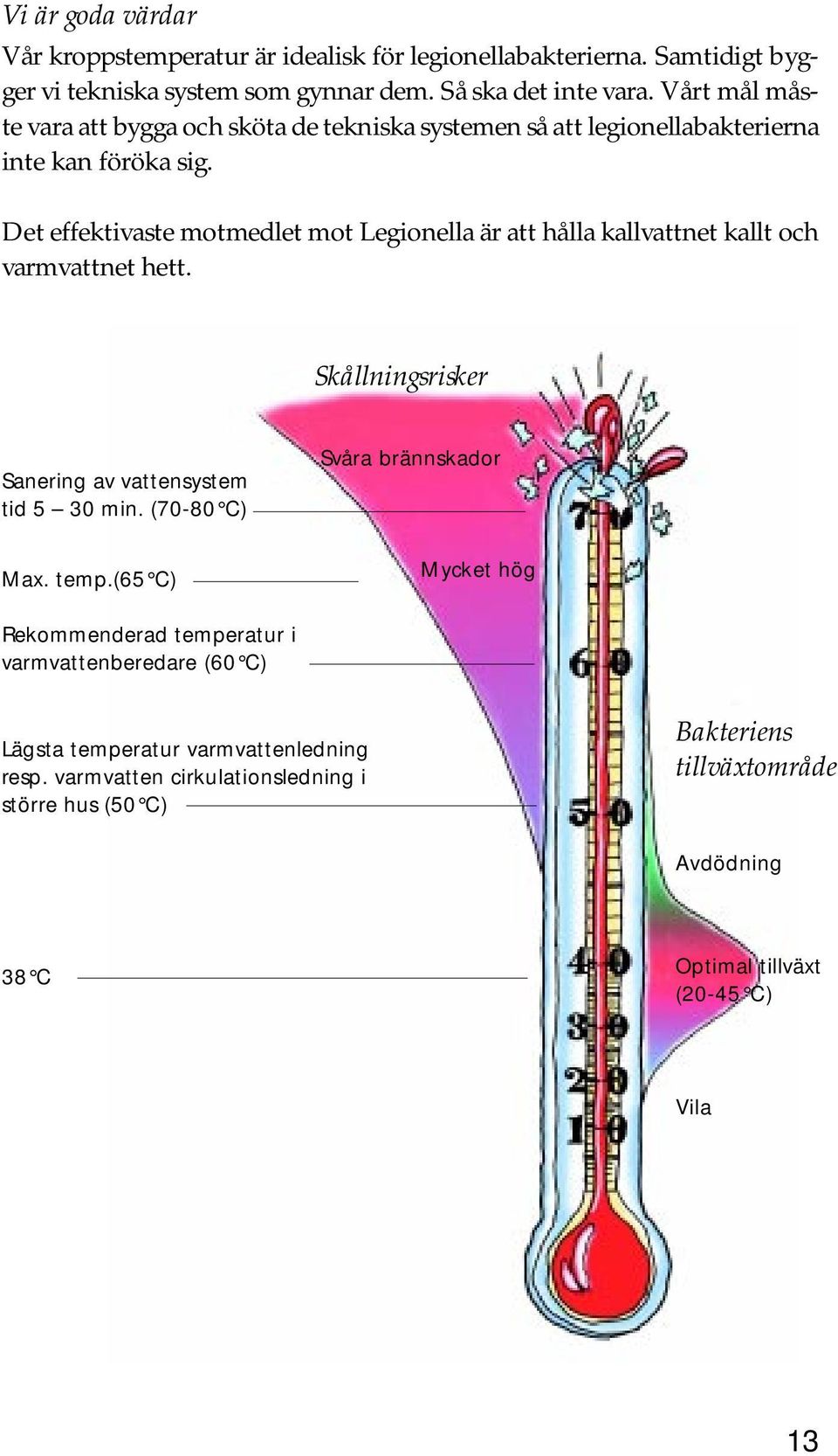 Det effektivaste motmedlet mot Legionella är att hålla kallvattnet kallt och varmvattnet hett. Skållningsrisker Sanering av vattensystem tid 5 30 min. (70-80 C) Max. temp.