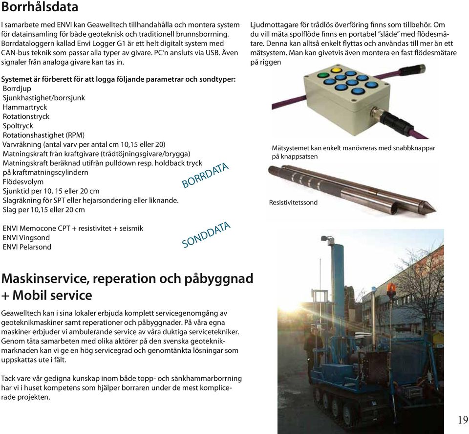 Systemet är förberett för att logga följande parametrar och sondtyper: Borrdjup Sjunkhastighet/borrsjunk Hammartryck Rotationstryck Spoltryck Rotationshastighet (RPM) Varvräkning (antal varv per