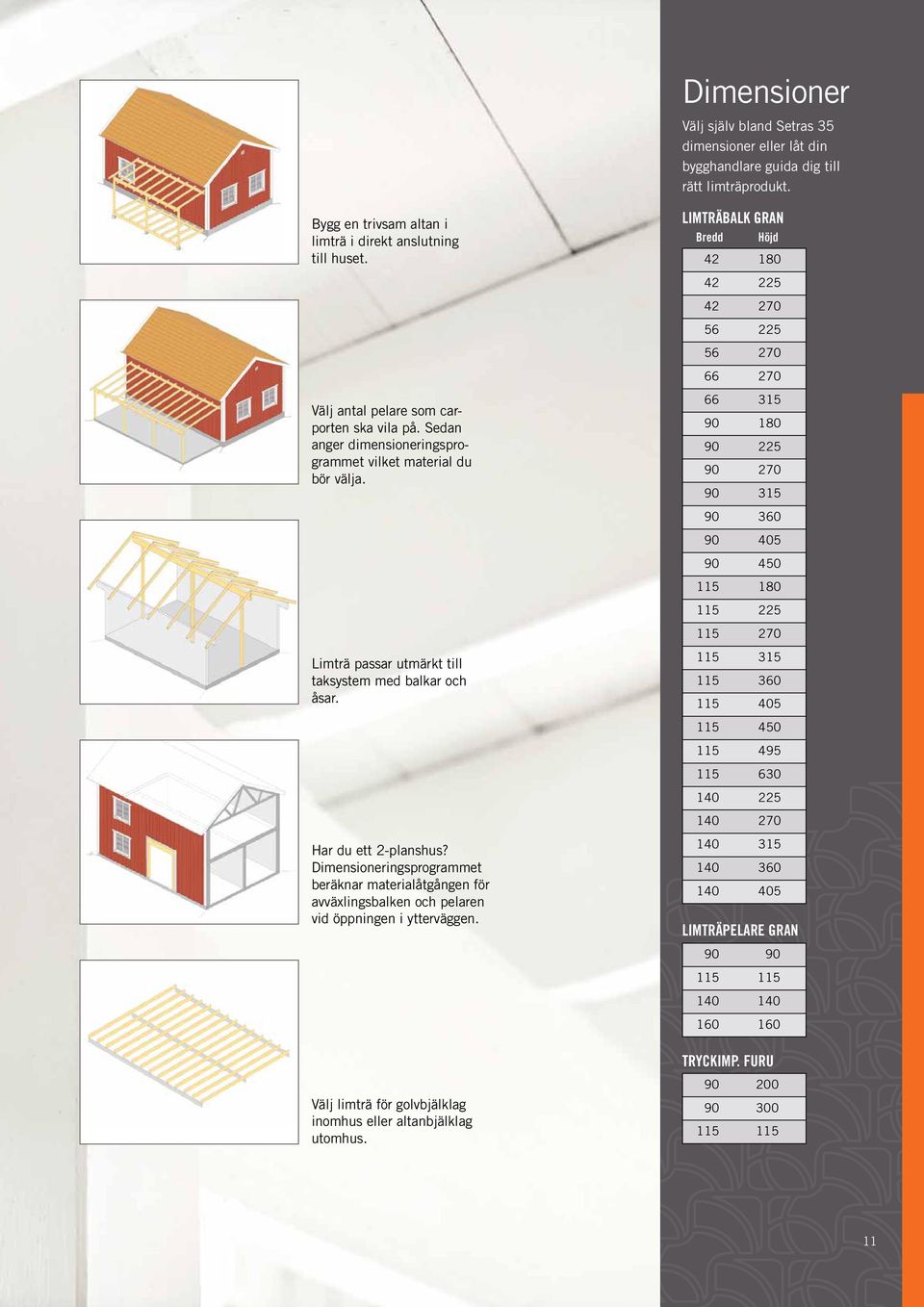 Dimensioneringsprogrammet beräknar materialåtgången för avväxlingsbalken och pelaren vid öppningen i ytterväggen. Välj limträ för golvbjälklag inomhus eller altanbjälklag utomhus.