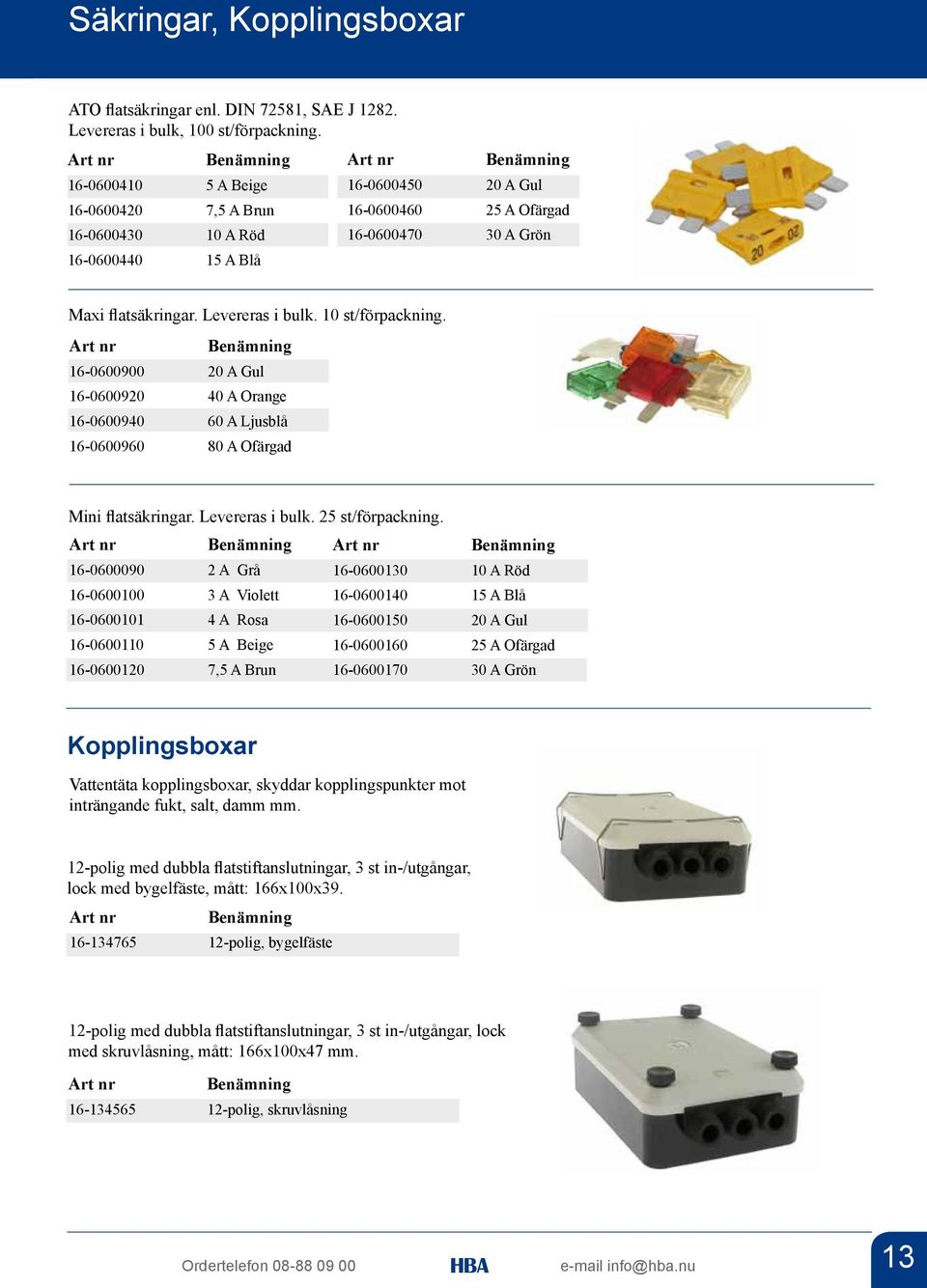 10 st/förpackning. 16-0600900 20 A Gul 16-0600920 40 A Orange 16-0600940 60 A Ljusblå 16-0600960 80 A Ofärgad Mini flatsäkringar. Levereras i bulk. 25 st/förpackning.