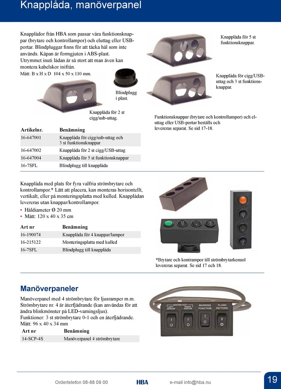 Knapplåda för 5 st funktionsknappar. Knapplåda för cigg/usbuttag och 3 st funktionsknappar. Knapplåda för 2 st cigg/usb-uttag. Artikelnr.