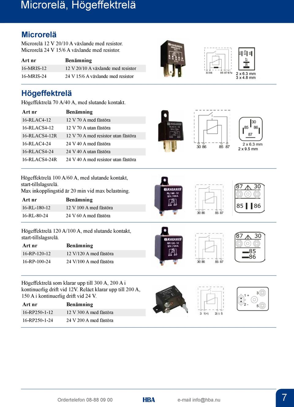 A/40 A, med slutande kontakt. 12 V 70 A med fästöra 12 V 70 A utan fästöra 12 V 70 A med resistor utan fästöra 24 V 40 A med fästöra 24 V 40 A utan fästöra 24 V 40 A med resistor utan fästöra 2 x 6.