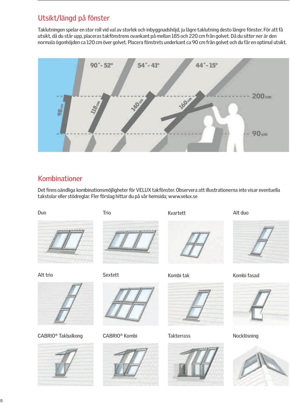 Placera fönstrets under kant ca 90 cm från golvet och du får en optimal utsikt. Kombinationer Det finns oändliga kombinationsmöjligheter för VELUX takfönster.