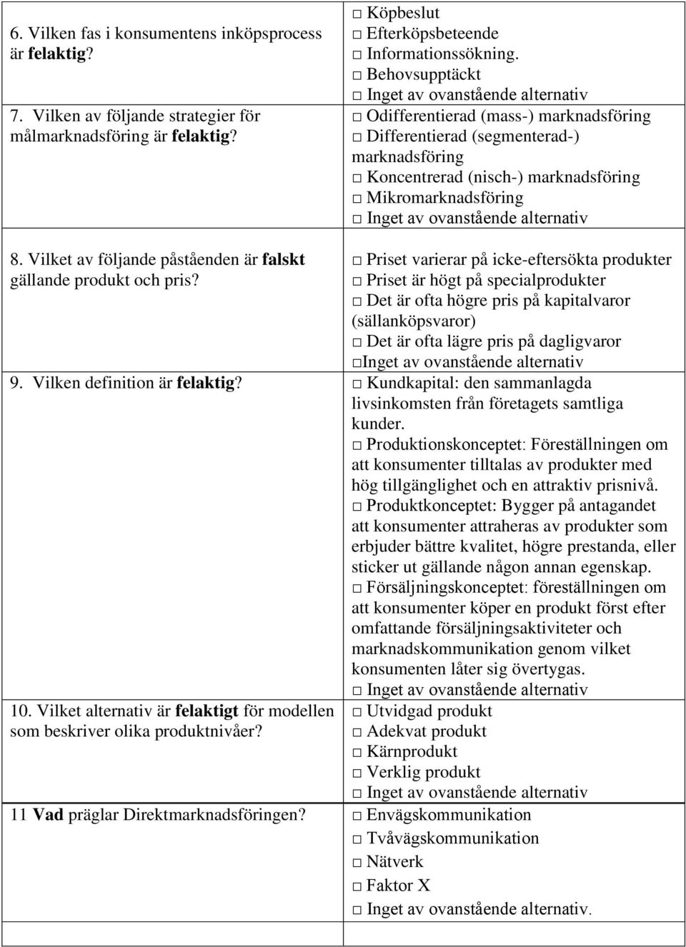 Vilket av följande påståenden är falskt gällande produkt och pris?