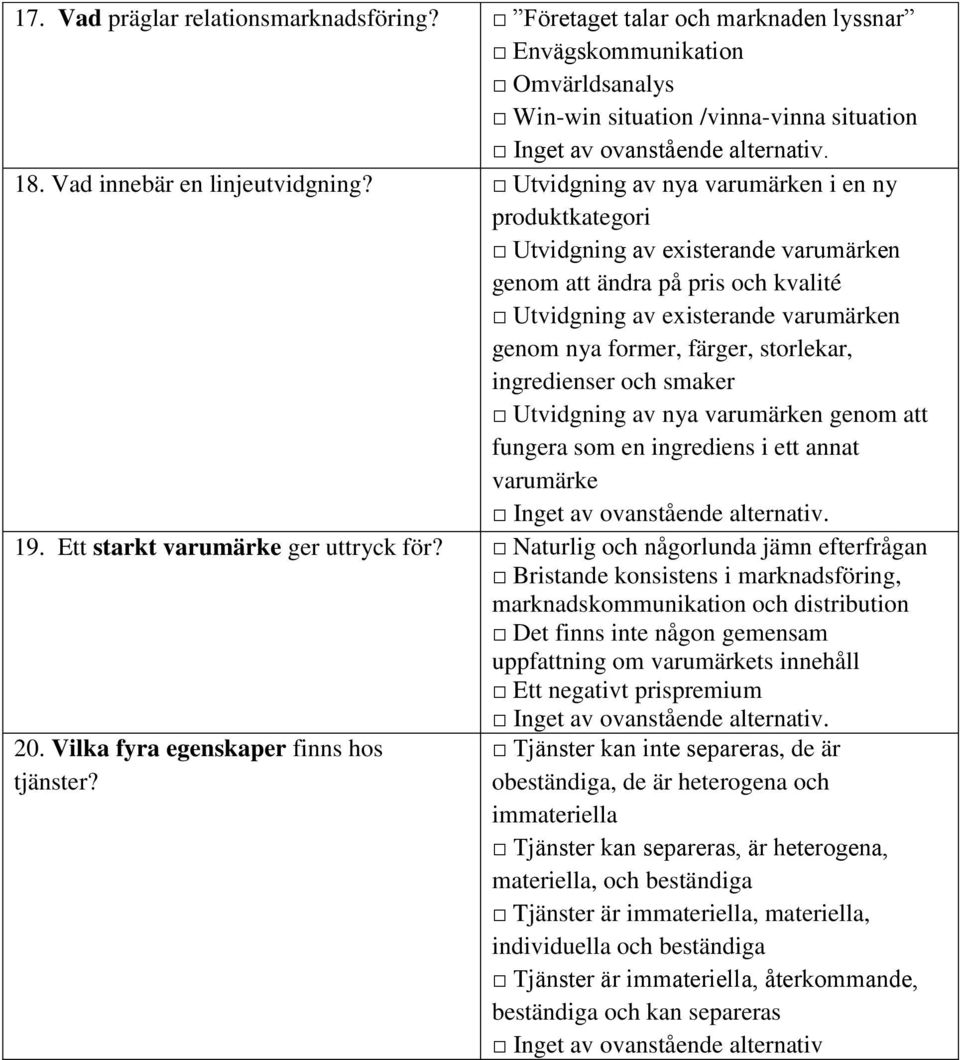 ingredienser och smaker Utvidgning av nya varumärken genom att fungera som en ingrediens i ett annat varumärke 19. Ett starkt varumärke ger uttryck för?