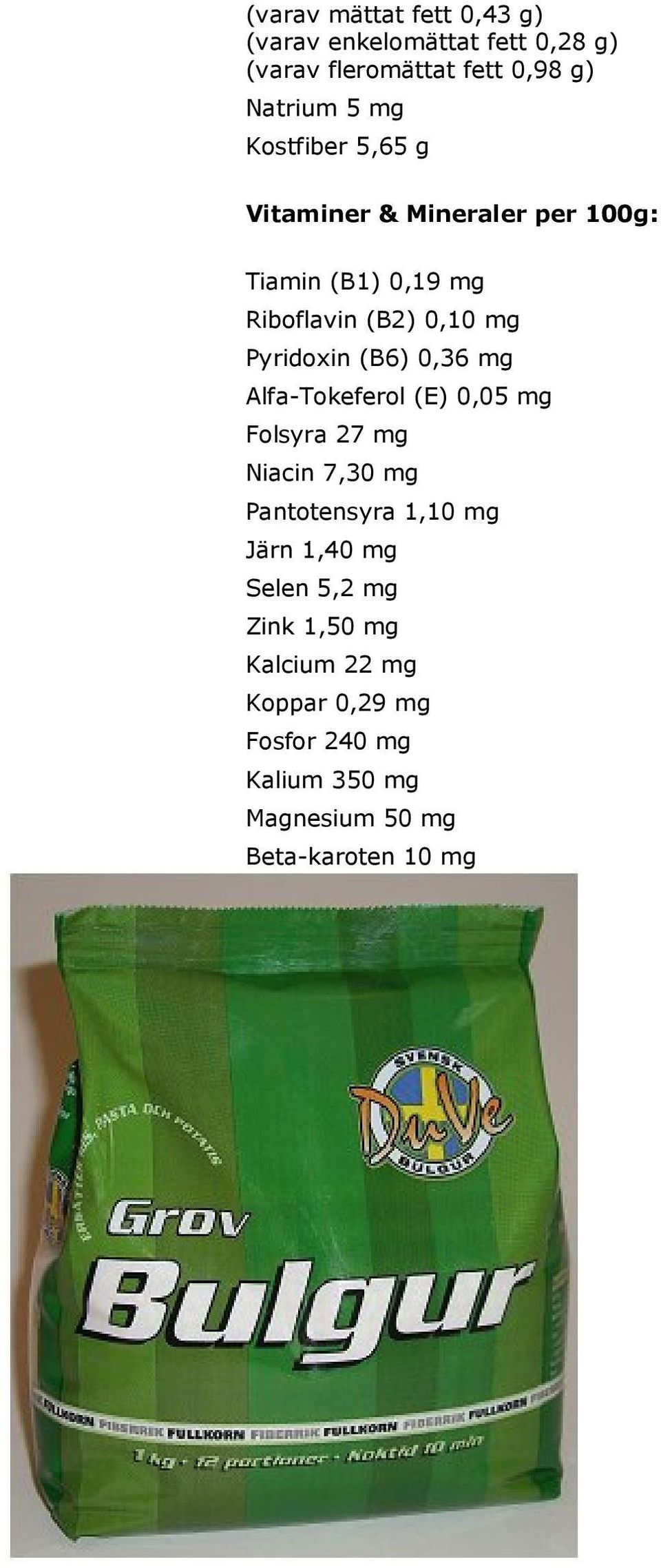 (B6) 0,36 mg Alfa-Tokeferol (E) 0,05 mg Folsyra 27 mg Niacin 7,30 mg Pantotensyra 1,10 mg Järn 1,40 mg