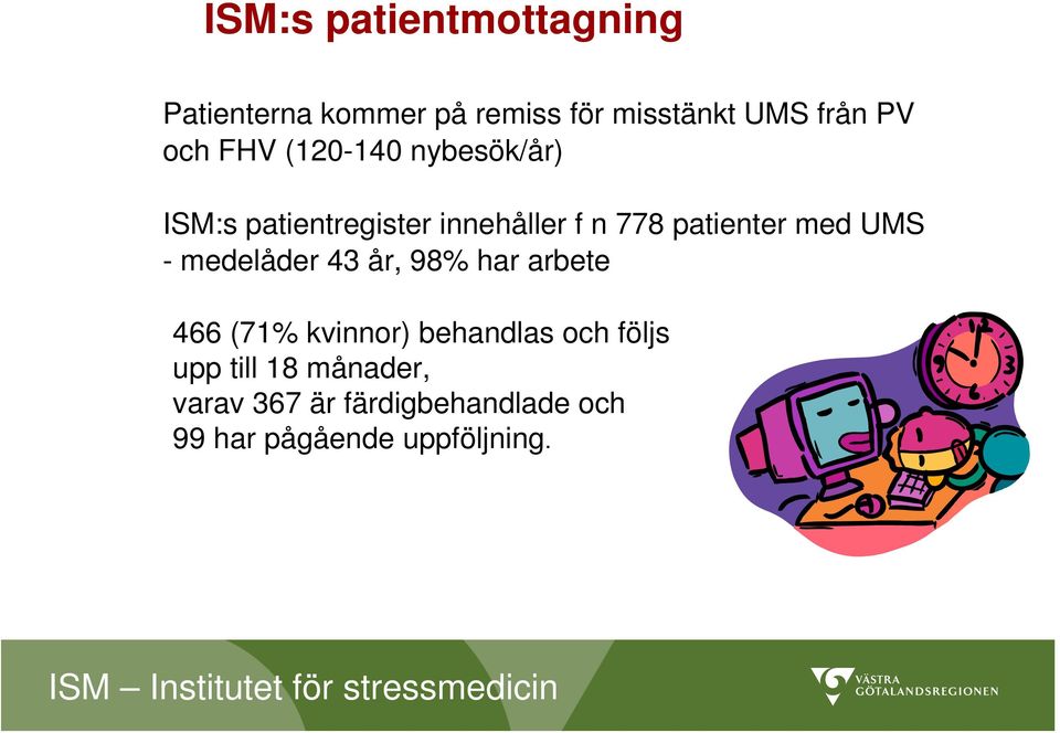 med UMS medelåder 43 år, 98% har arbete 466 (71% kvinnor) behandlas och följs