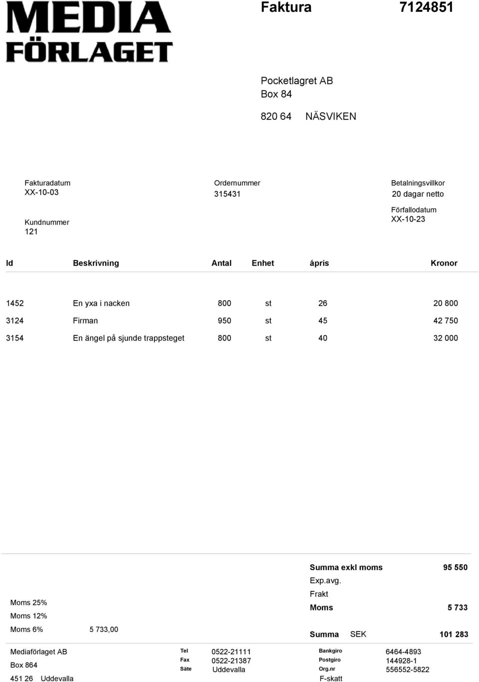 på sjunde trappsteget 800 st 40 32 000 Moms 25% Moms 12% Moms 6% 5 733,00 Summa exkl moms Exp.avg.