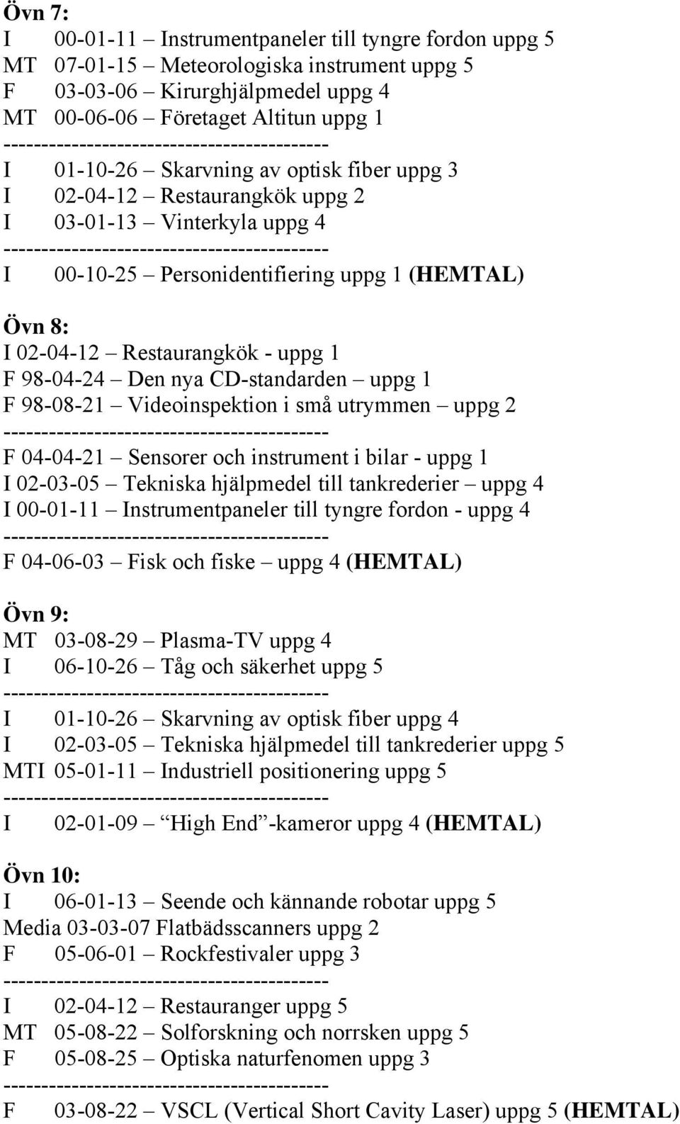 00-10-25 Personidentifiering uppg 1 (HEMTAL) Övn 8: I 02-04-12 Restaurangkök - uppg 1 F 98-04-24 Den nya CD-standarden uppg 1 F 98-08-21 Videoinspektion i små utrymmen uppg 2