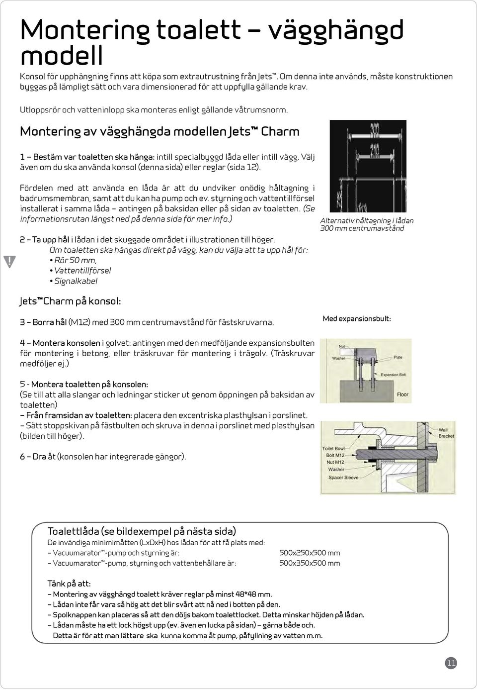 Montering av vägghängda modellen Jets Charm 1 Bestäm var toaletten ska hänga: intill specialbyggd låda eller intill vägg. Välj även om du ska använda konsol (denna sida) eller reglar (sida 12).