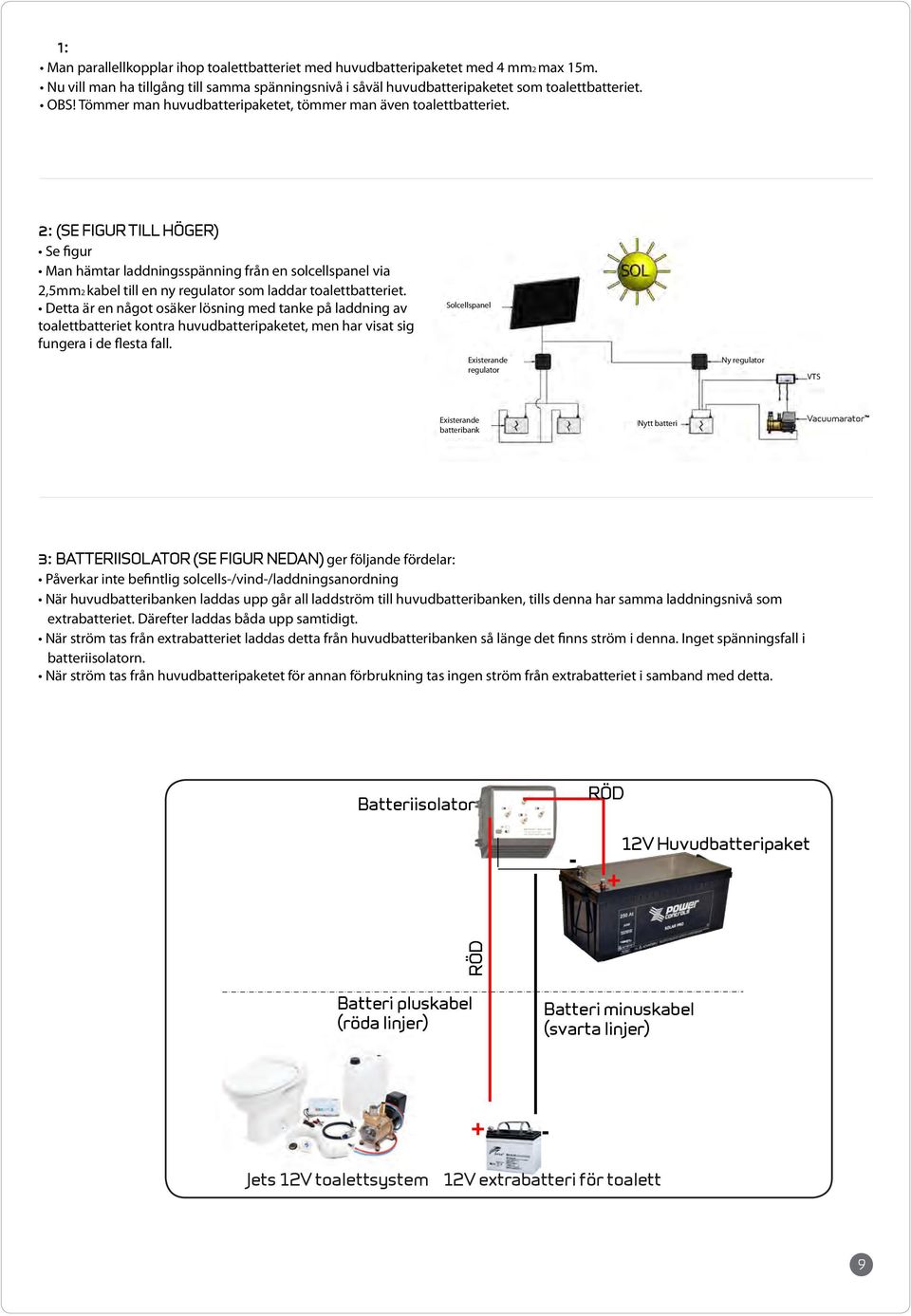 2: (SE FIGUR TILL HÖGER) Se figur Man hämtar laddningsspänning från en solcellspanel via 2,5mm2 kabel till en ny regulator som laddar toalettbatteriet.