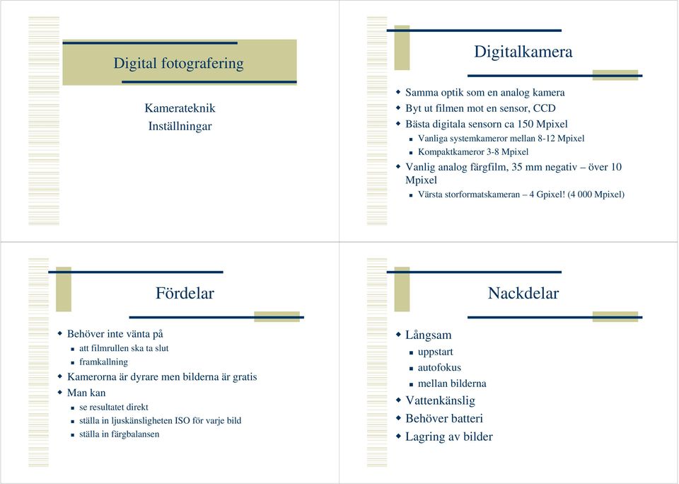 (4 000 Mpixel) Fördelar Nackdelar Behöver inte vänta på att filmrullen ska ta slut framkallning Kamerorna är dyrare men bilderna är gratis Man kan se resultatet