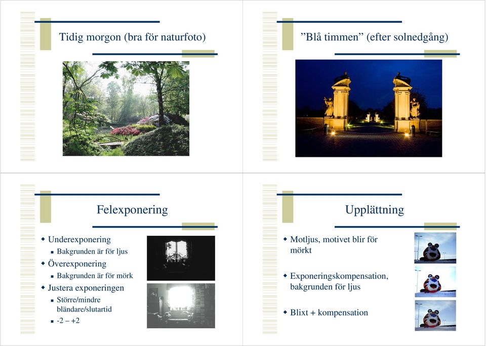 för mörk Justera exponeringen Större/mindre bländare/slutartid -2 +2 Motljus,