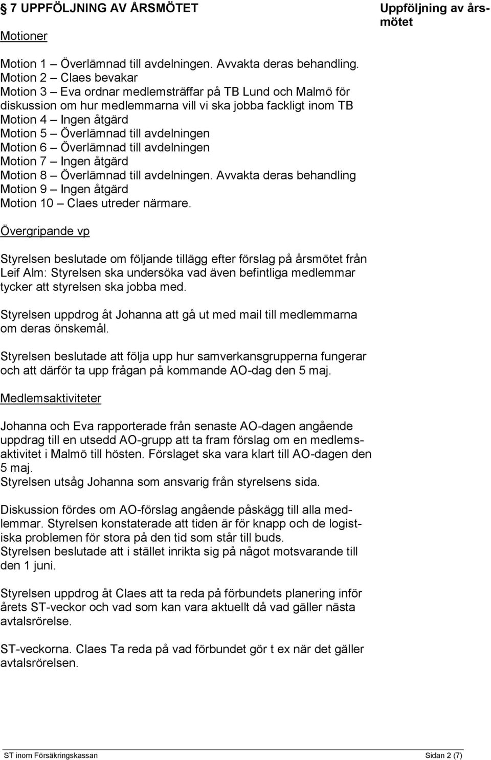 avdelningen Motion 6 Överlämnad till avdelningen Motion 7 Ingen åtgärd Motion 8 Överlämnad till avdelningen. Avvakta deras behandling Motion 9 Ingen åtgärd Motion 10 Claes utreder närmare.