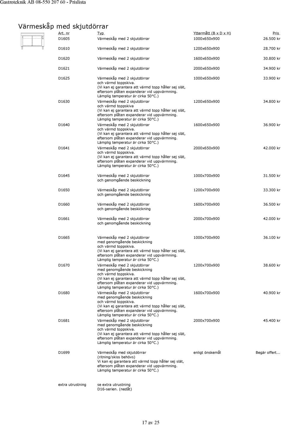 800 kr D1640 Värmeskåp med 2 skjutdörrar och värmd toppskiva. 1600x650x900 36.900 kr D1641 Värmeskåp med 2 skjutdörrar och värmd toppskiva. 2000x650x900 42.