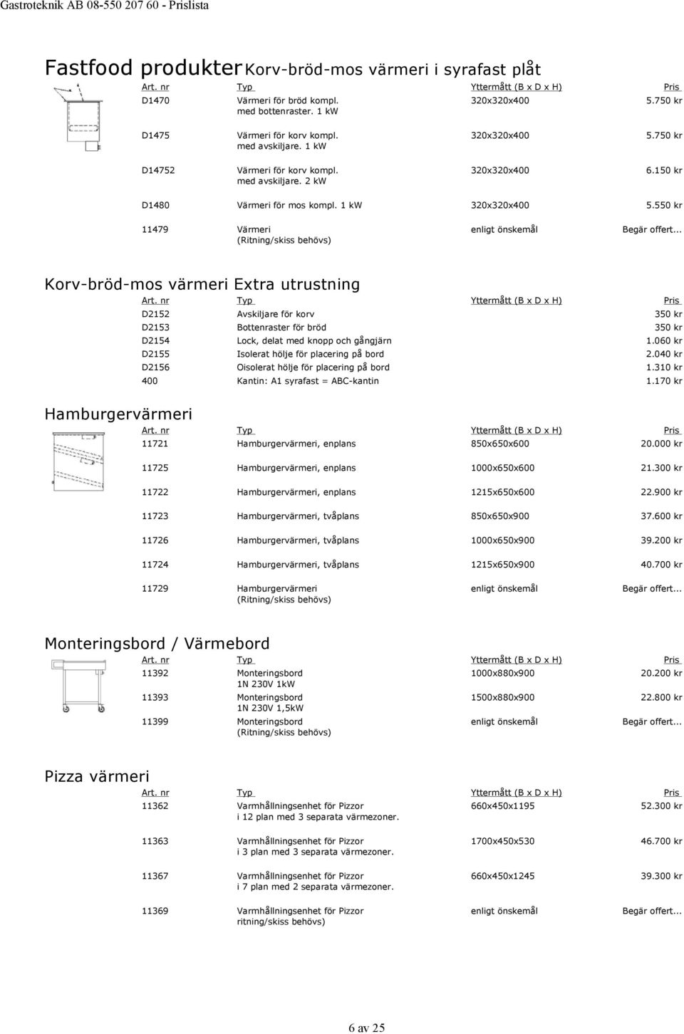 550 kr 11479 Värmeri Korv-bröd-mos värmeri Extra utrustning Hamburgervärmeri D2152 Avskiljare för korv 350 kr D2153 Bottenraster för bröd 350 kr D2154 Lock, delat med knopp och gångjärn 1.
