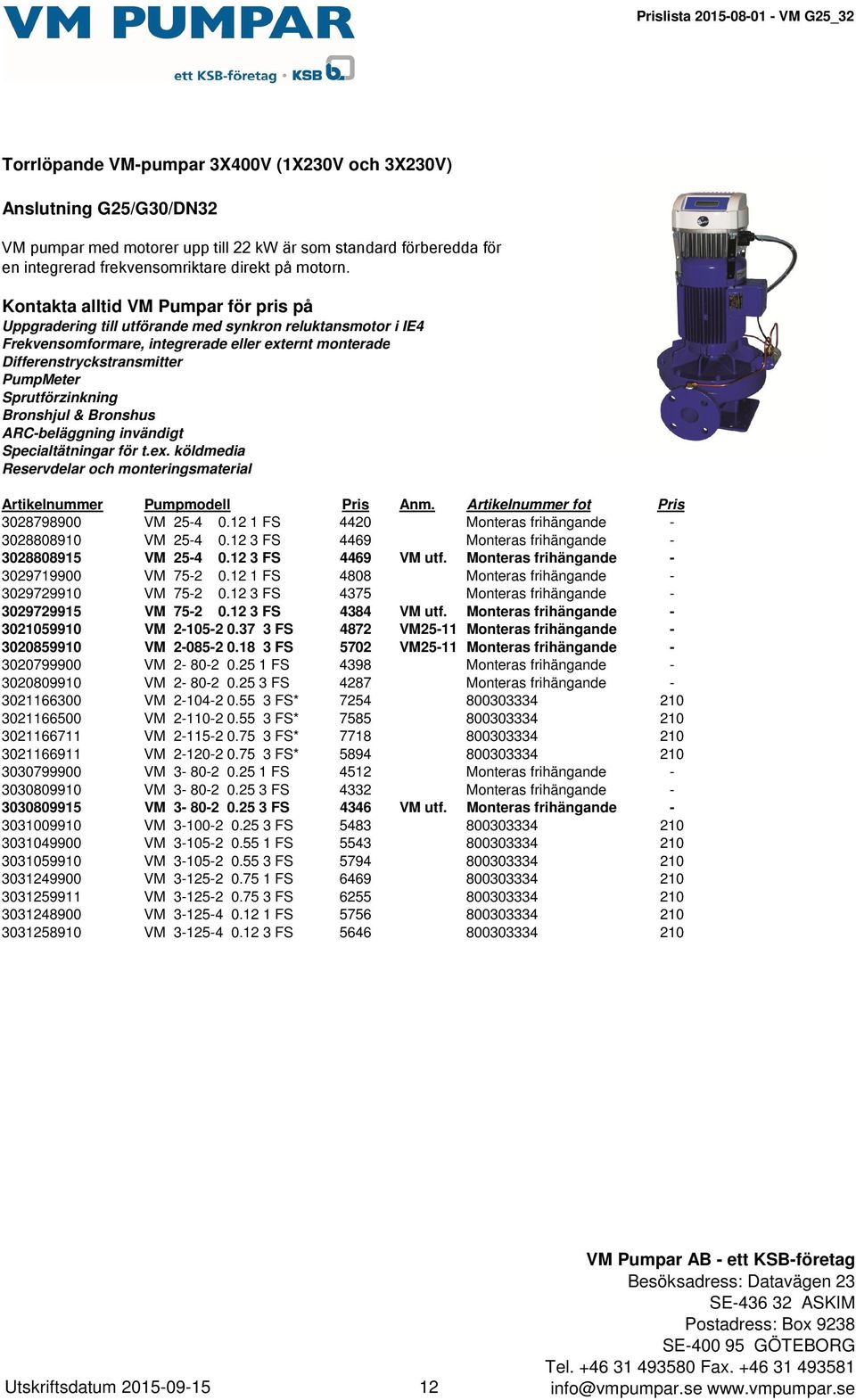 Kontakta alltid VM Pumpar för pris på Uppgradering till utförande med synkron reluktansmotor i IE4 Frekvensomformare, integrerade eller externt monterade Differenstryckstransmitter PumpMeter