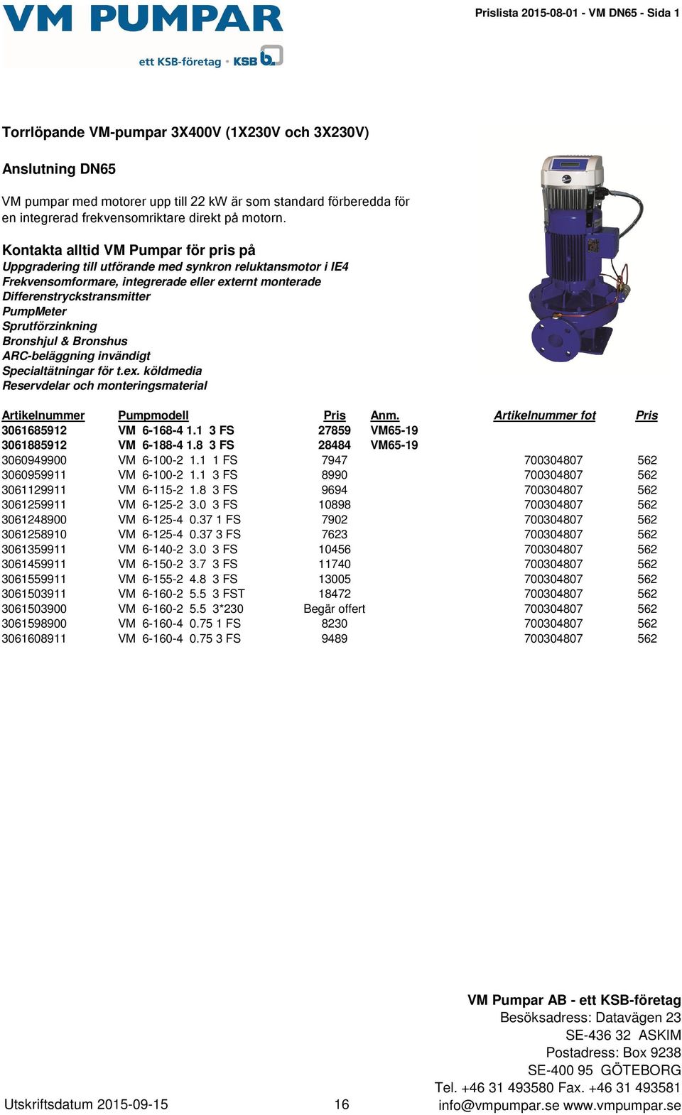 Kontakta alltid VM Pumpar för pris på Uppgradering till utförande med synkron reluktansmotor i IE4 Frekvensomformare, integrerade eller externt monterade Differenstryckstransmitter PumpMeter