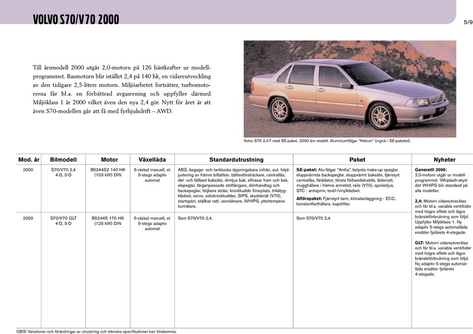 Nytt för året är att även S70-modellen går att få med fyrhjulsdrift AWD. Volvo S70 2,4T med SE-paket, 2000 års modell. Aluminiumfälgar Helium (ingick i SE-paketet).