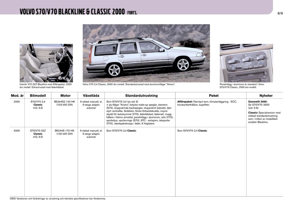 5) + alu-fälgar Ariane, belysta make-up speglar, elantenn (S70), eluppvärmda backspeglar, eluppvärmt baksäte, fjärrstyrt centrallås, färddator, första förbandskudde, insynsskydd för lastutrymmet