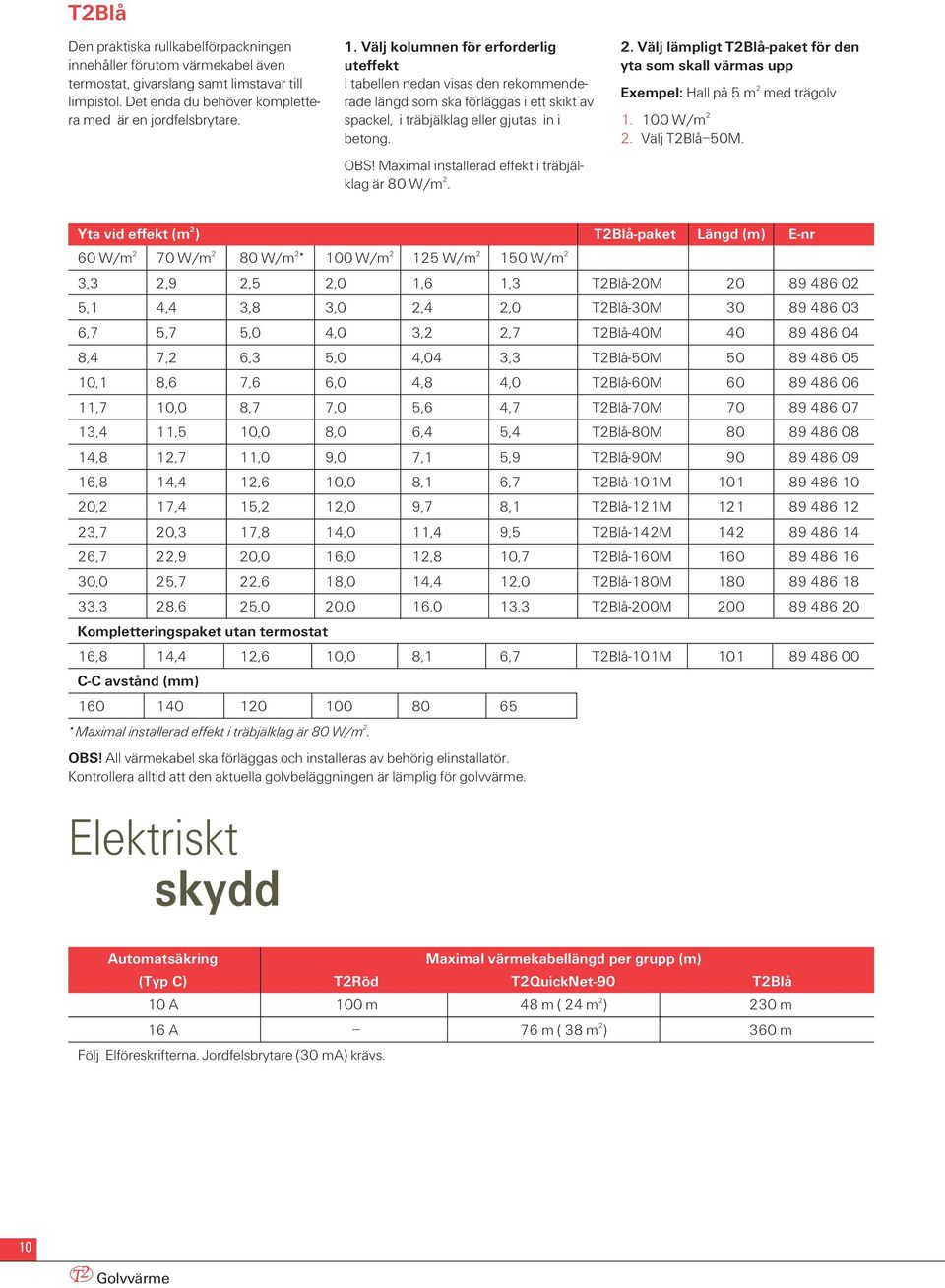 Maximal installerad effekt i träbjälklag är 80 W/m 2. 2. Välj lämpligt T2Blå-paket för den yta som skall värmas upp Exempel: Hall på 5 m 2 med trägolv 1. 100 W/m 2 2. Välj T2Blå 50M.