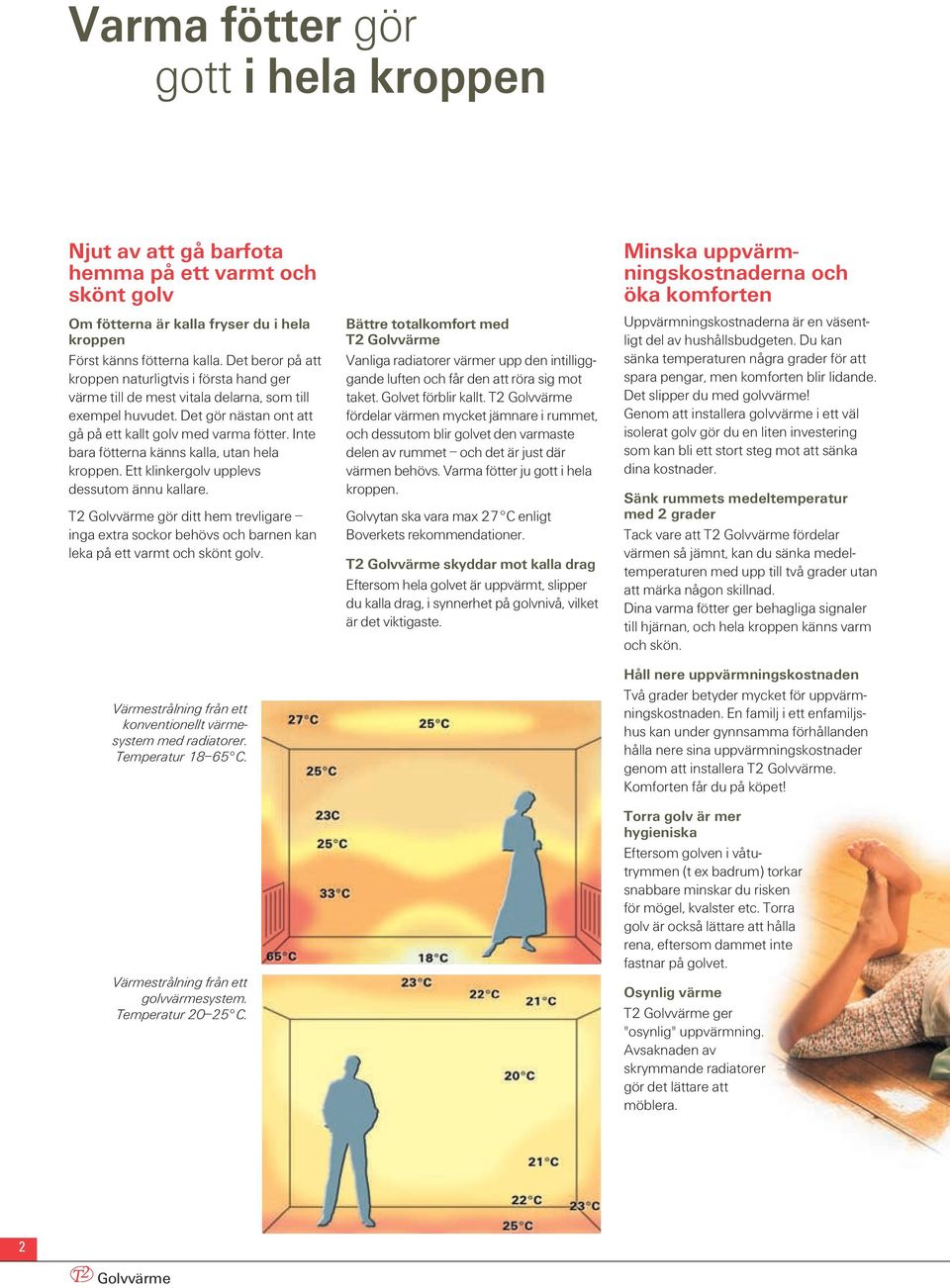 Inte bara fötterna känns kalla, utan hela kroppen. Ett klinkergolv upplevs dessutom ännu kallare. T2 gör ditt hem trevligare inga extra sockor behövs och barnen kan leka på ett varmt och skönt golv.
