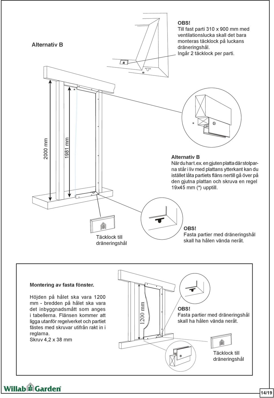 Täcklock till dräneringshål Fasta partier med dräneringshål skall ha hålen vända neråt. Montering av fasta fönster.