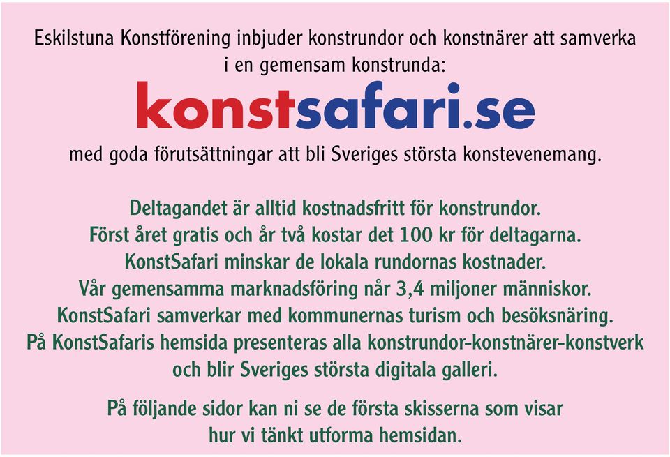 Först året gratis och år två kostar det 100 kr för deltagarna. KonstSafari minskar de lokala rundornas kostnader.