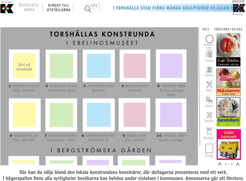 collage textil Mat Mästaren Trosa torg Hotell Sevärt Keramikern Mitt i Trosa 6 FALANDER ALLAN Olja, akvarell 7 GUSTAVSSON BERTIL Oljepastell, foton 8 HAMMARSTRÖM PER Keramiker S 9 IMMER DAGNY Olja,