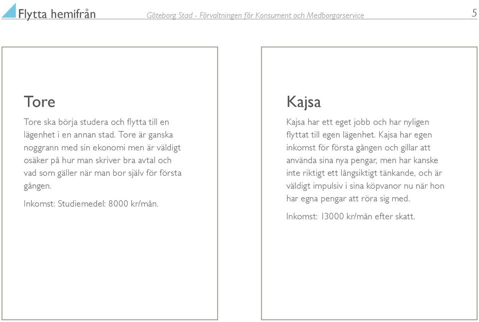 Inkomst: Studiemedel: 8000 kr/mån. Kajsa Kajsa har ett eget jobb och har nyligen flyttat till egen lägenhet.