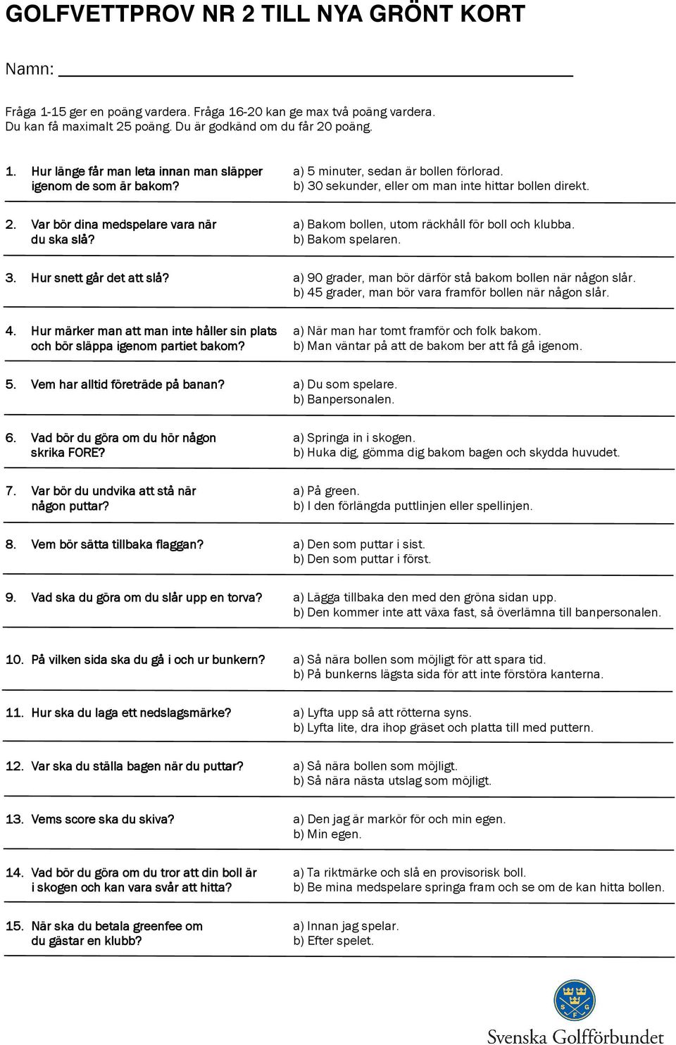 6. Vad bör du göra om du hör någon skrika FORE F ORE? 7. Var bör du undvika att stå när någon puttar? 8. Vem bör sätta tillbaka flaggan? 9. Vad ska du göra om du slår upp en torva?