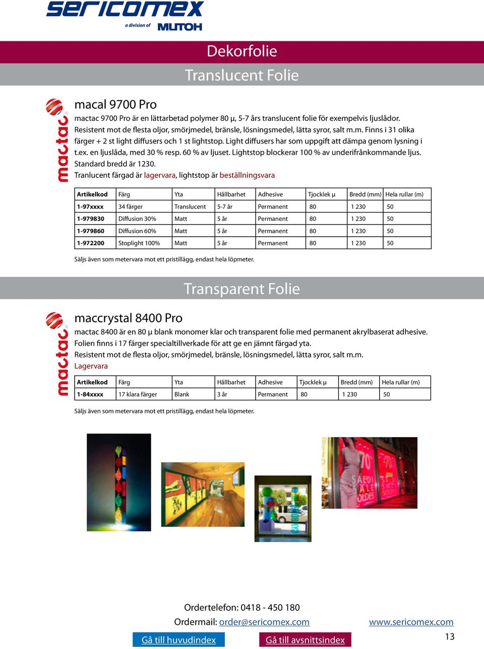 Light diffusers har som uppgift att dämpa genom lysning i t.ex. en ljuslåda, med 30 % resp. 60 % av ljuset. Lightstop blockerar 100 % av underifrånkommande ljus. Standard bredd är 1230.