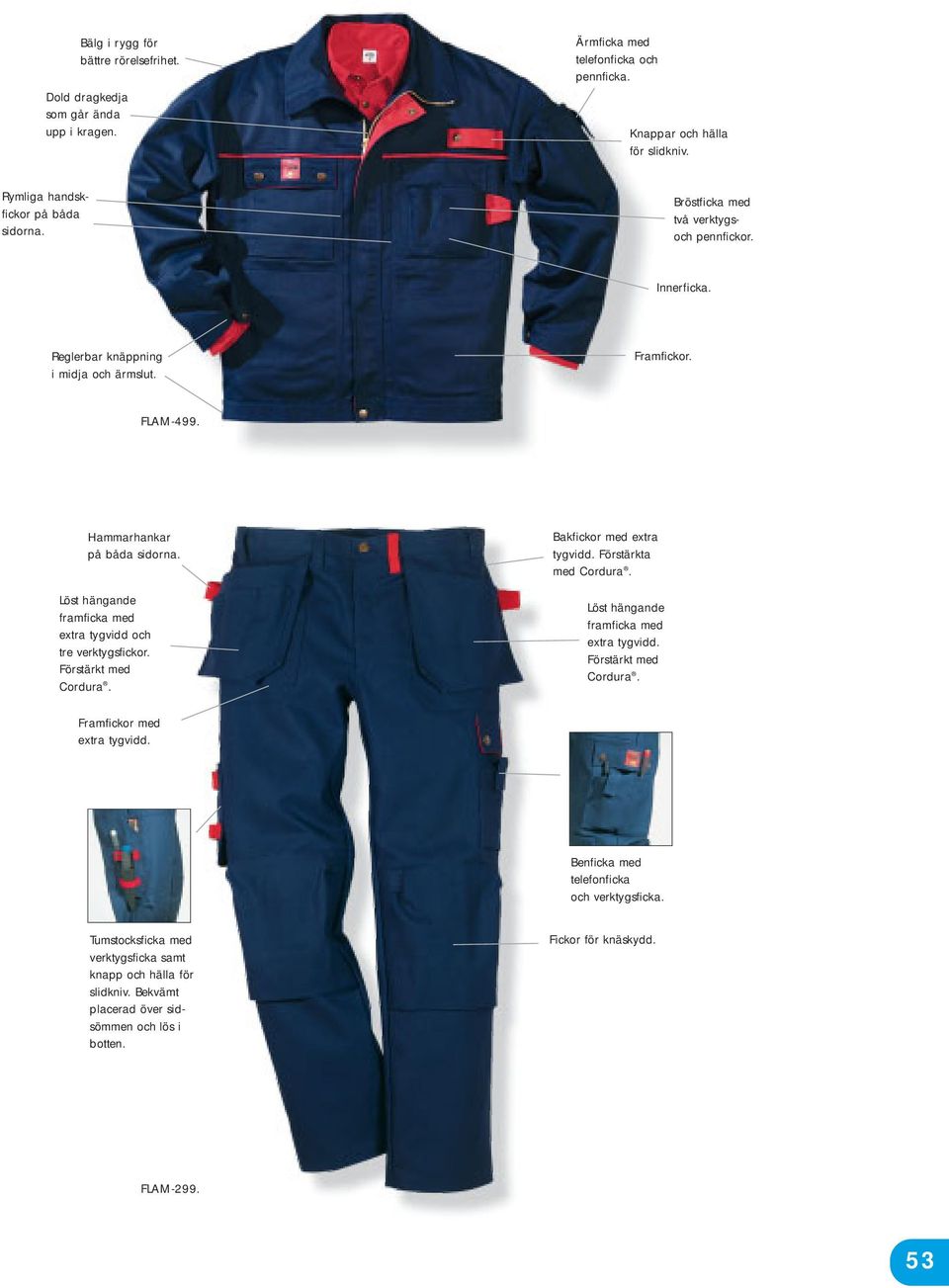 Löst hängande framficka med extra tygvidd och tre verktygsfickor. Förstärkt med Cordura. Bakfickor med extra tygvidd. Förstärkta med Cordura. Löst hängande framficka med extra tygvidd.