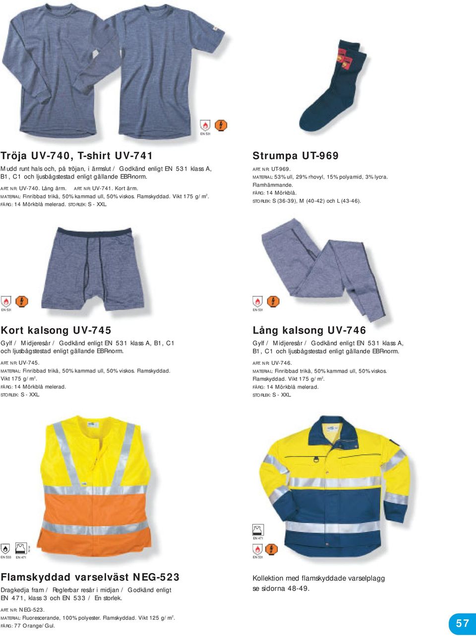 MATERIAL: 53% ull, 29% rhovyl, 15% polyamid, 3% lycra. Flamhämmande. FÄRG: 14 Mörkblå. STORLEK: S (36-39), M (40-42) och L (43-46).