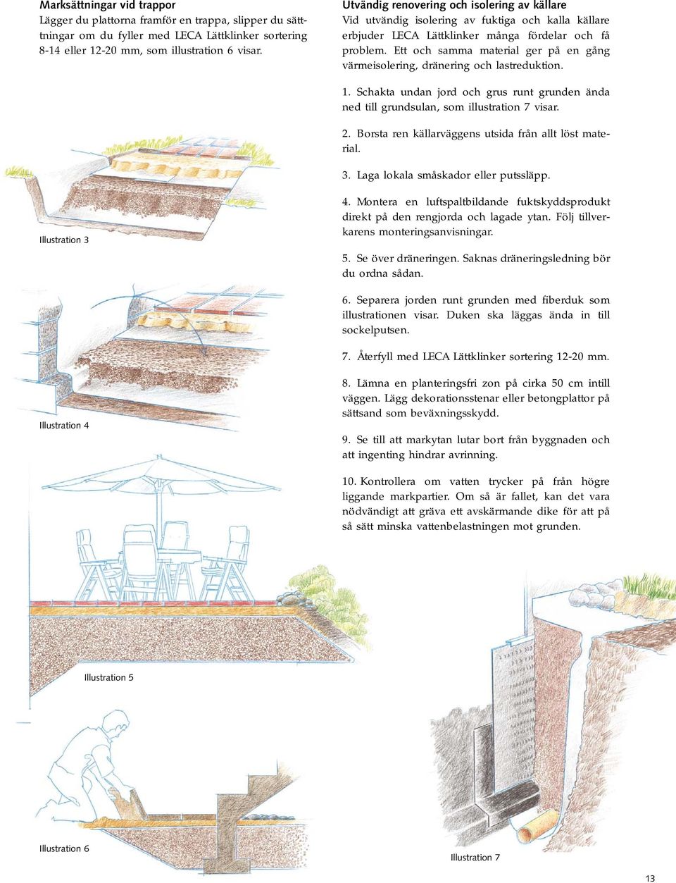 Ett och samma material ger på en gång värmeisolering, dränering och lastreduktion. 1. Schakta undan jord och grus runt grunden ända ned till grundsulan, som illustration 7 visar. 2.