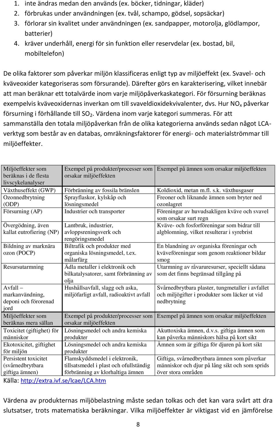 bostad, bil, mobiltelefon) De olika faktorer som påverkar miljön klassificeras enligt typ av miljöeffekt (ex. Svavel- och kväveoxider kategoriseras som försurande).