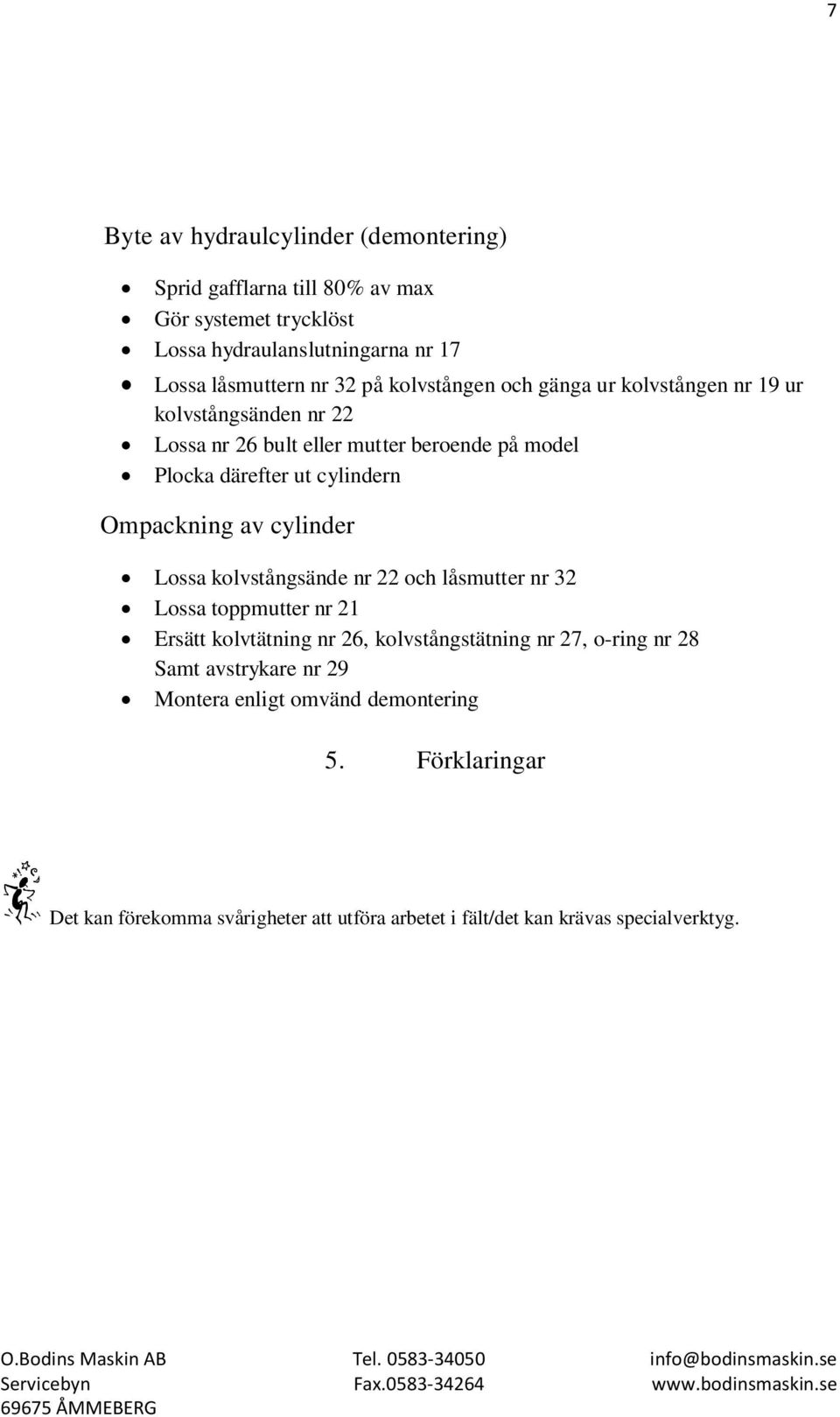 Ompackning av cylinder Lossa kolvstångsände nr 22 och låsmutter nr 32 Lossa toppmutter nr 21 Ersätt kolvtätning nr 26, kolvstångstätning nr 27, o-ring nr