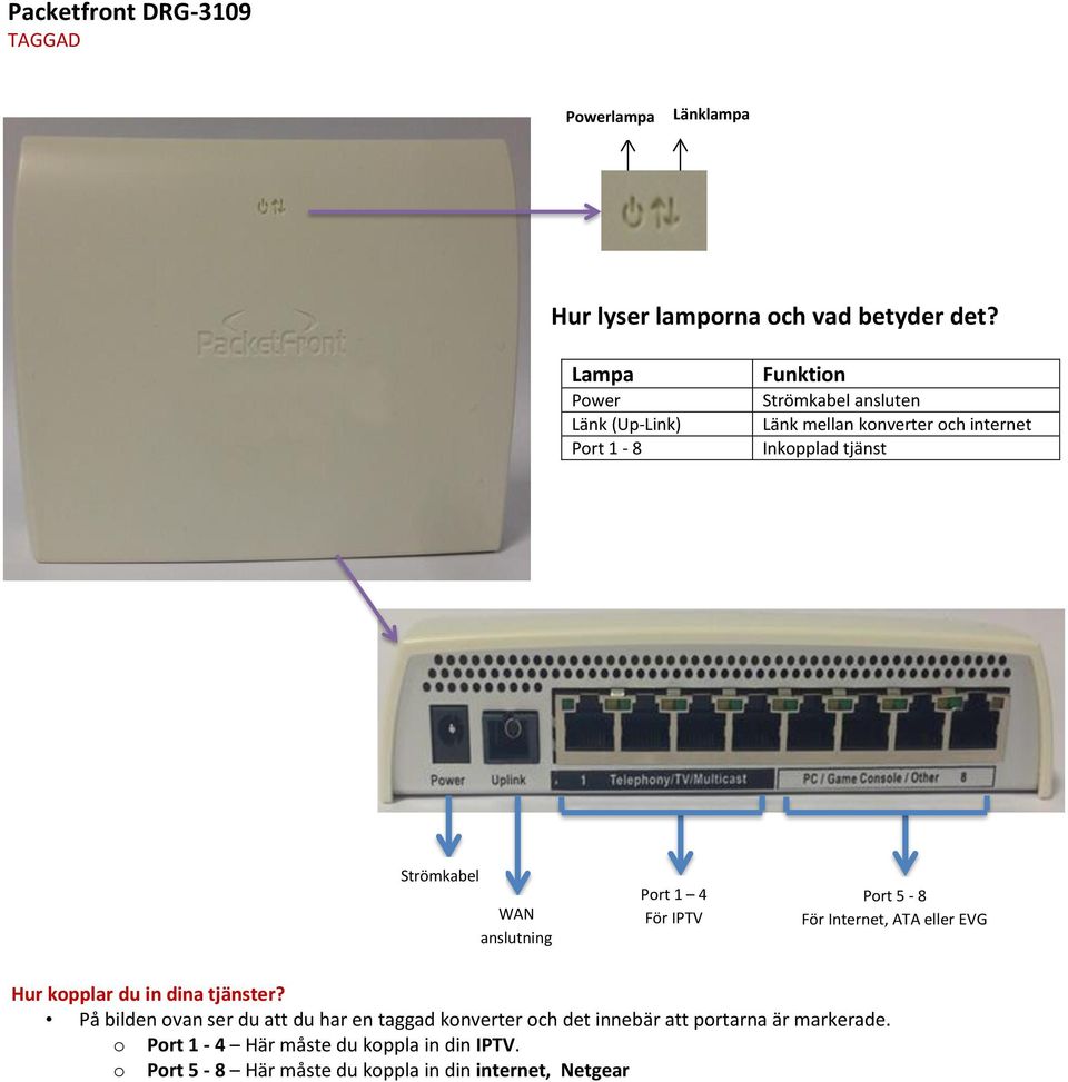 För Internet, ATA eller EVG På bilden ovan ser du att du har en taggad konverter och det innebär att portarna