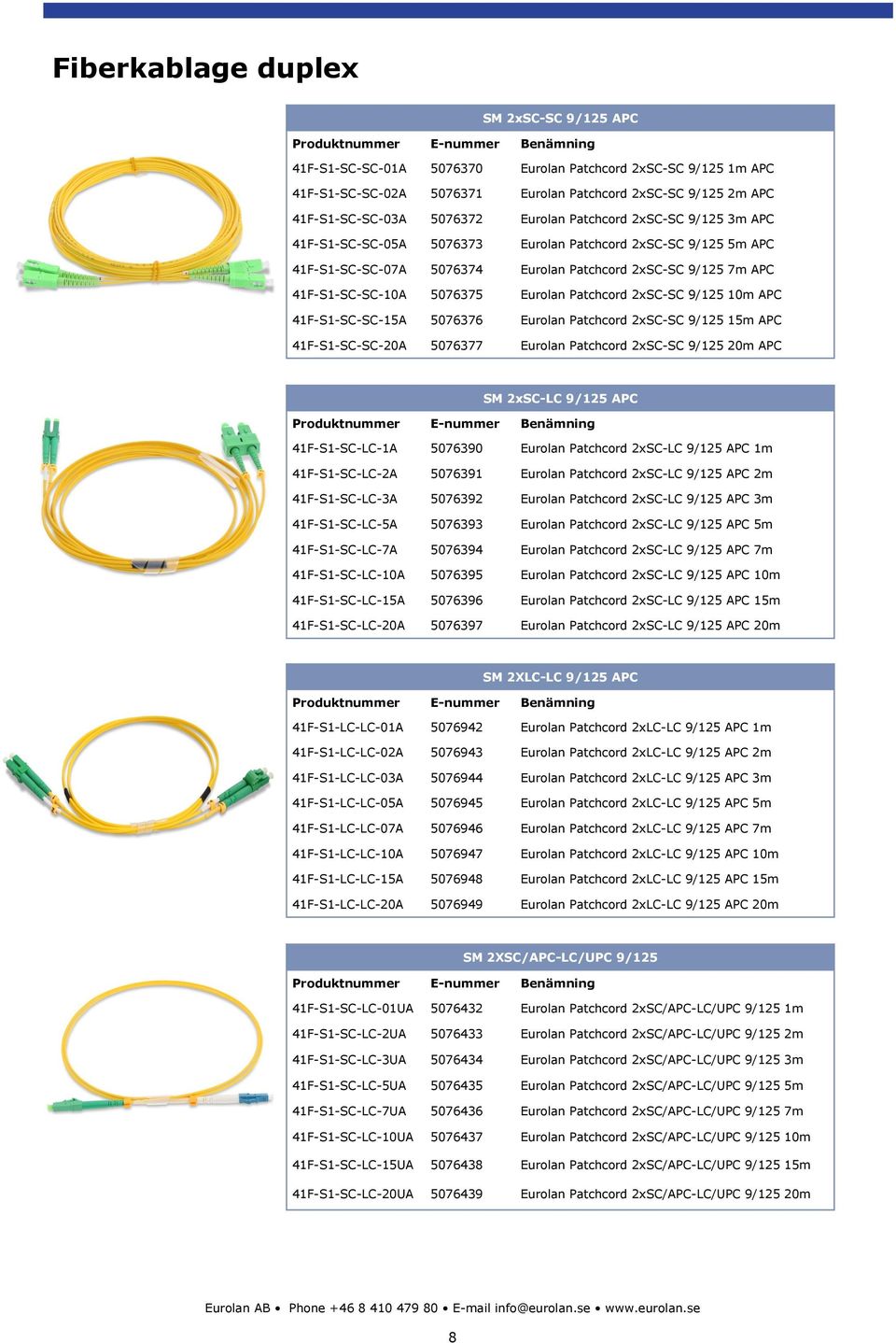 Patchcord 2xSC-SC 9/125 10m APC 41F-S1-SC-SC-15A 5076376 Eurolan Patchcord 2xSC-SC 9/125 15m APC 41F-S1-SC-SC-20A 5076377 Eurolan Patchcord 2xSC-SC 9/125 20m APC SM 2xSC-LC 9/125 APC 41F-S1-SC-LC-1A