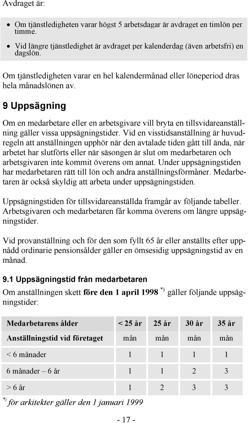 9 Uppsägning Om en medarbetare eller en arbetsgivare vill bryta en tillsvidareanställning gäller vissa uppsägningstider.