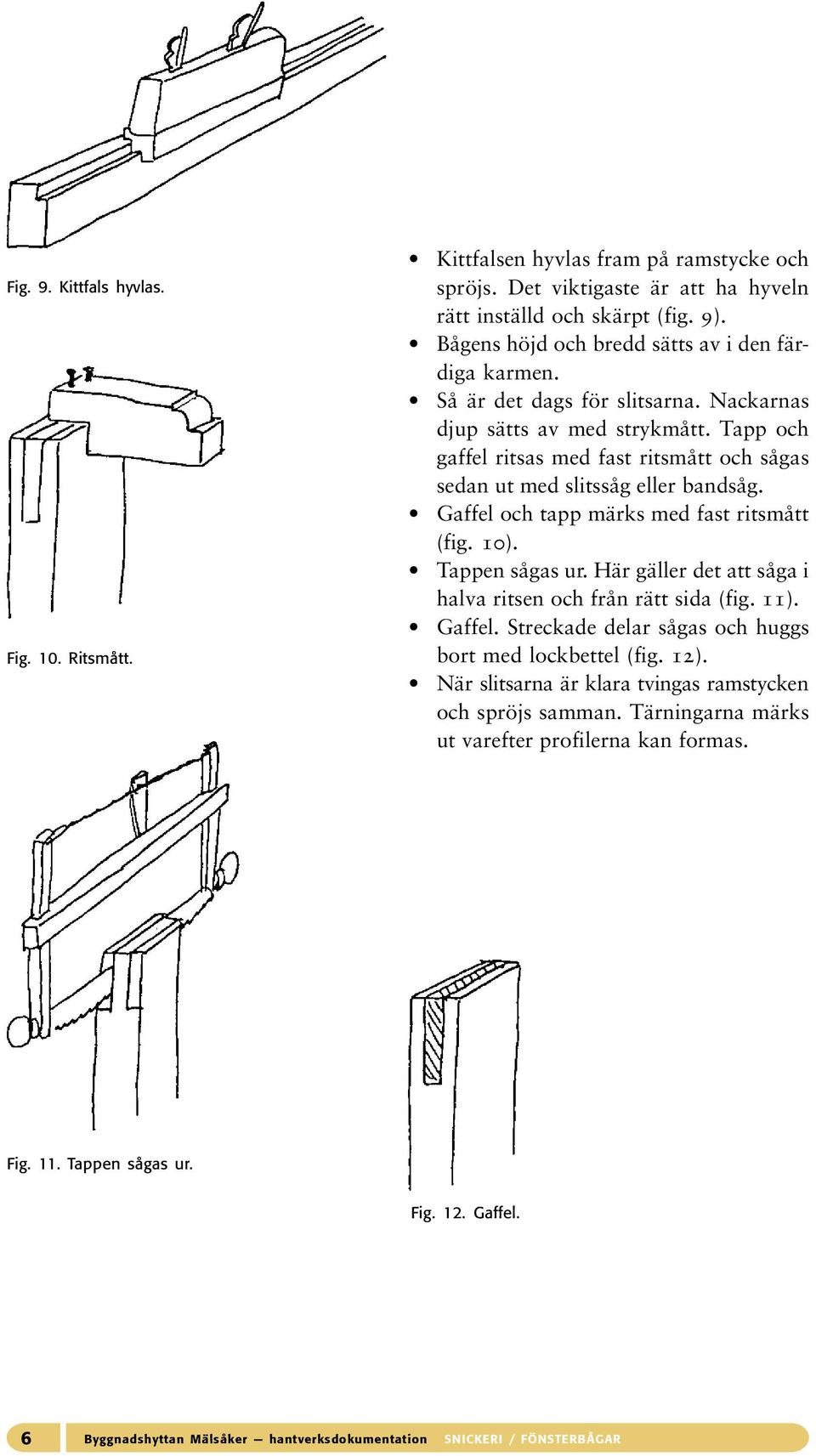 Tapp och gaffel ritsas med fast ritsmått och sågas sedan ut med slitssåg eller bandsåg. Gaffel och tapp märks med fast ritsmått (fig. 10). Tappen sågas ur.