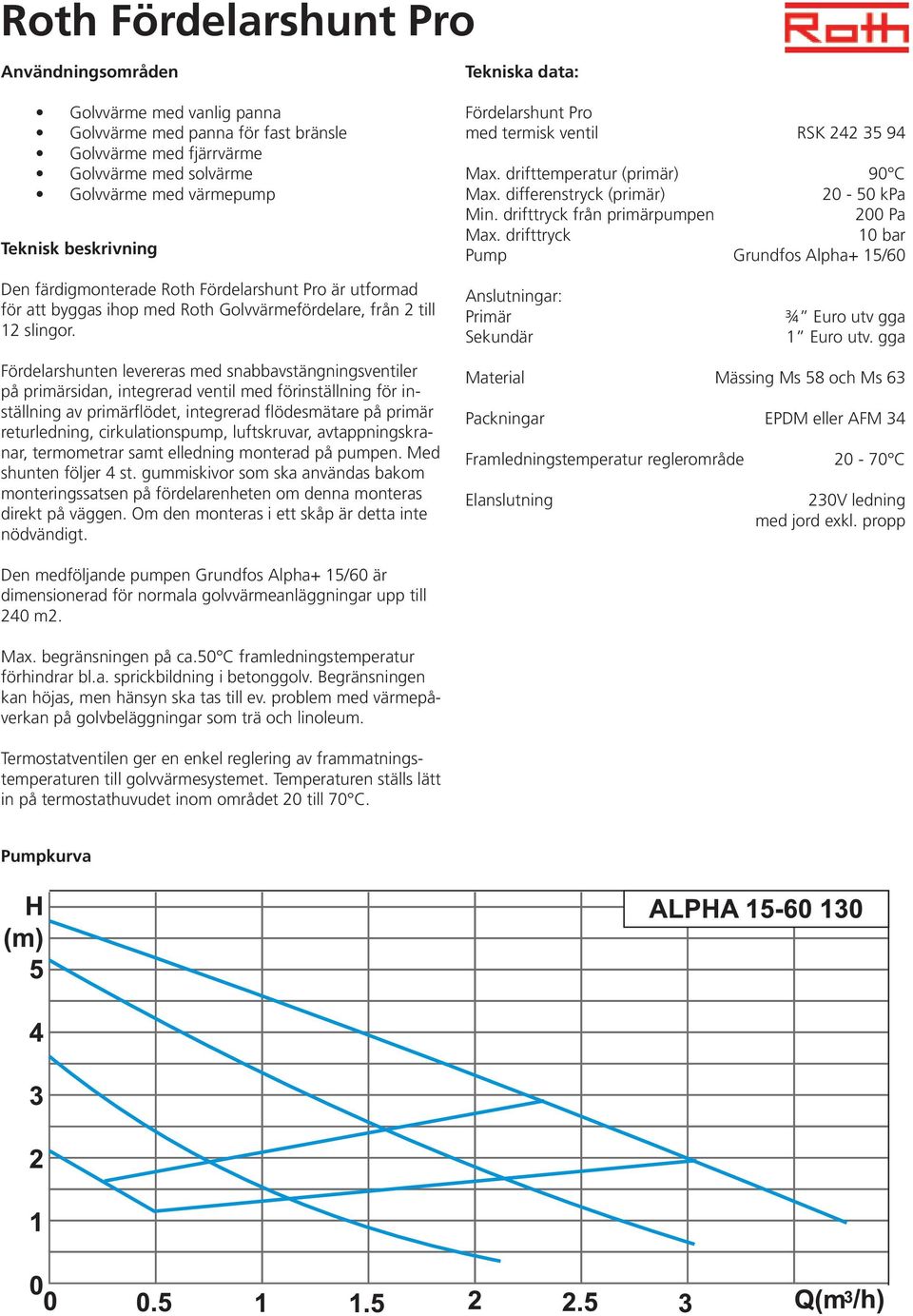 drifttryck 10 bar Pump Grundfos Alpha+ 15/60 Den färdigmonterade Roth Fördelarshunt Pro är utformad för att byggas ihop med Roth Golvvärmefördelare, från 2 till 12 slingor.