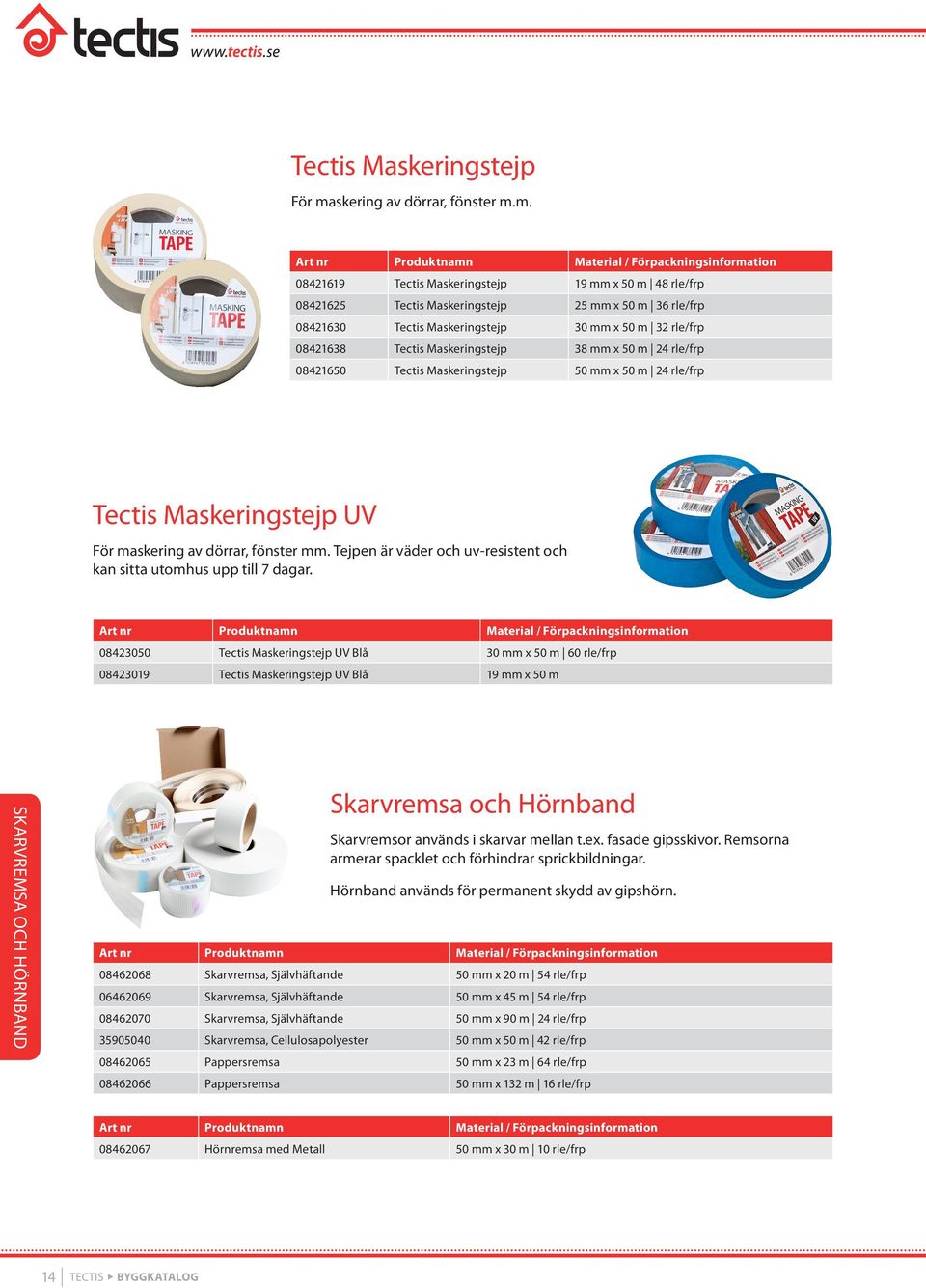 m. 08421619 Tectis Maskeringstejp 19 mm x 50 m 48 rle/frp 08421625 Tectis Maskeringstejp 25 mm x 50 m 36 rle/frp 08421630 Tectis Maskeringstejp 30 mm x 50 m 32 rle/frp 08421638 Tectis Maskeringstejp