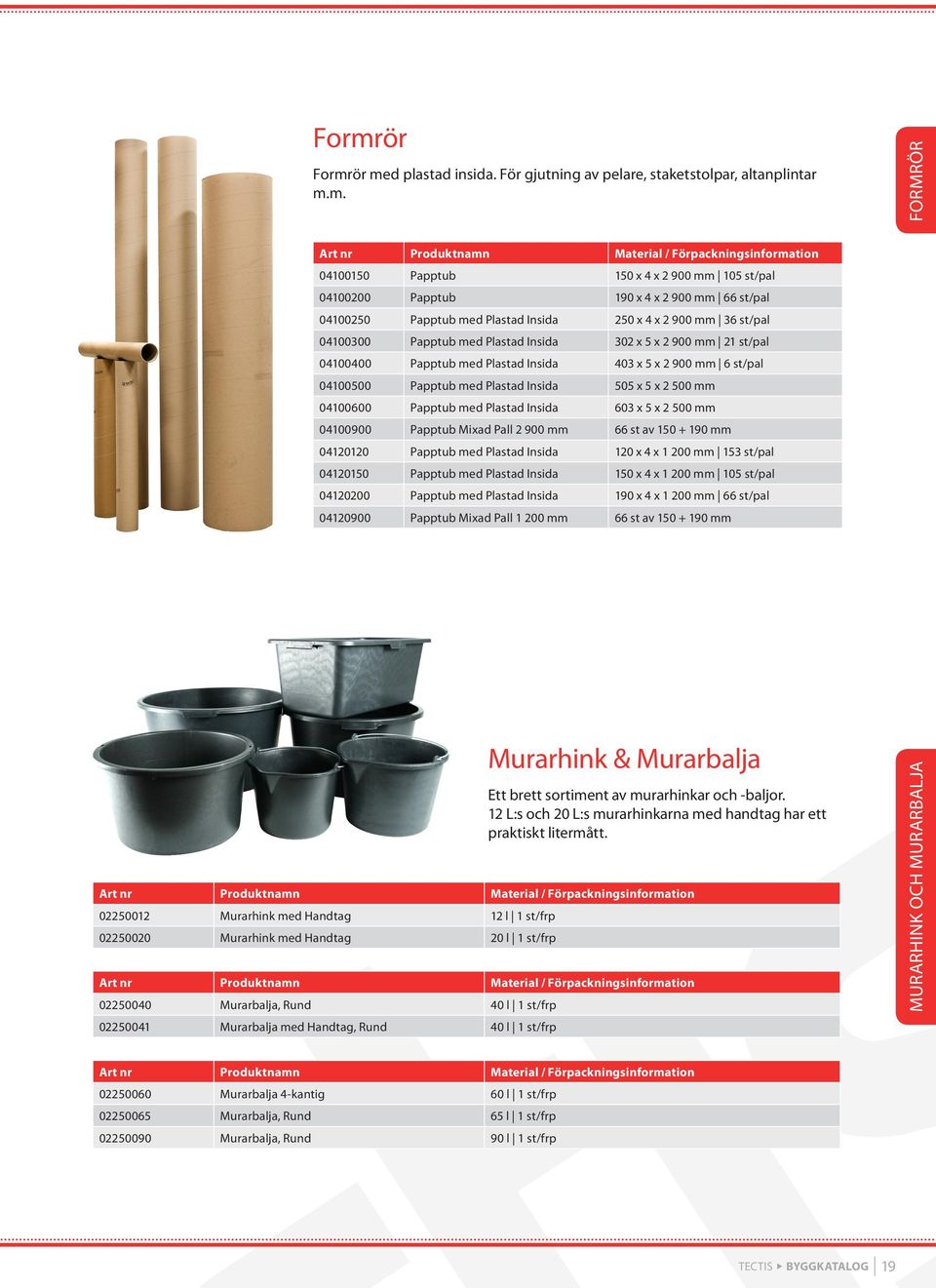 04100500 Papptub med Plastad Insida 505 x 5 x 2 500 mm 04100600 Papptub med Plastad Insida 603 x 5 x 2 500 mm 04100900 Papptub Mixad Pall 2 900 mm 66 st av 150 + 190 mm 04120120 Papptub med Plastad