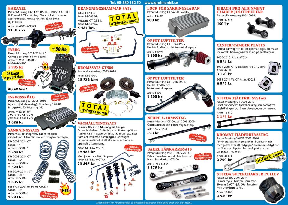 13402 900 kr EIBACH PRO-ALIGNMENT CAMBER JUSTERBULTAR Passar alla Mustang 2005-2014. Artnr. 47815 450 kr INSUG Passar Mustang 2011-2014 5.0. Ger upp till 60Hk till med tune. Artnr. M-9424-M50BR/ M-9444-M50B 5 995 kr Så långt lagret räcker Köp till Tuner!