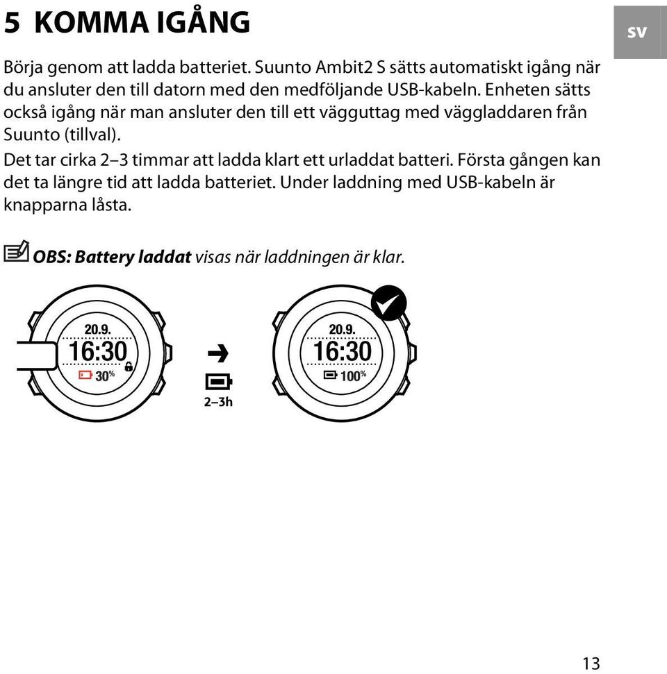 Enheten sätts också igång när man ansluter den till ett vägguttag med väggladdaren från Suunto (tillval).